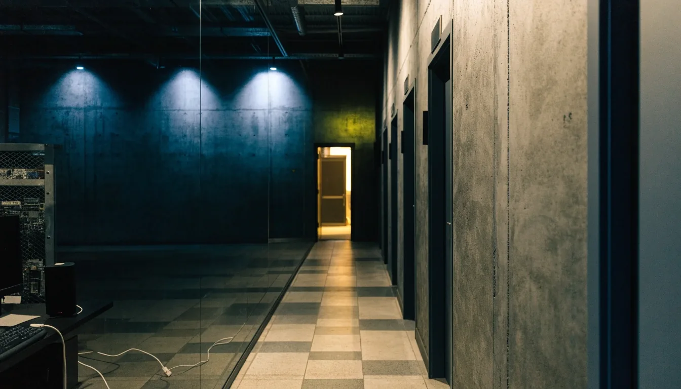 어두운 사무실 복도와 왼쪽에서 비스듬히 비추는 따뜻한 조명